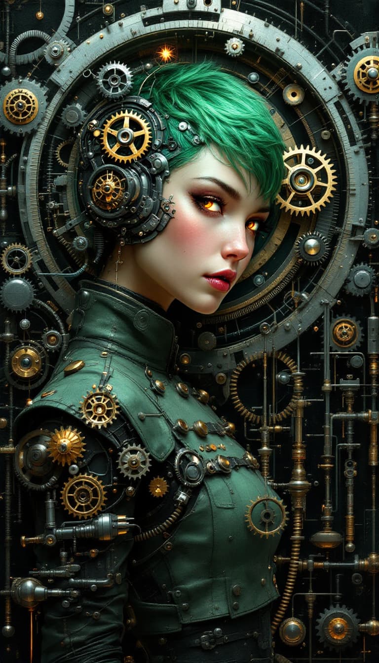 AI generated: "Jade Automaton in a Clockwork Labyrinth": A compelling abstract painting presents an automaton, wit...