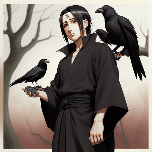 AI generated: itachi uchiha , holding a crow on his hand