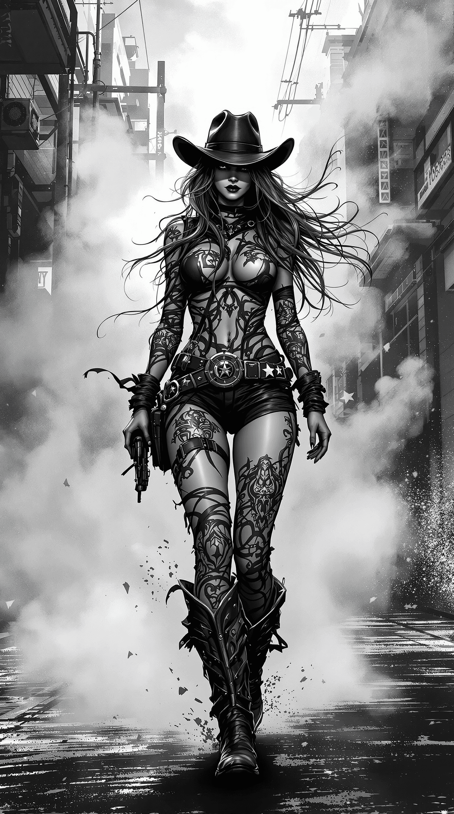 AI generated: A digital drawing of an urban cowgirl, full body, walking on the street, wearing cowboy boots and ha...