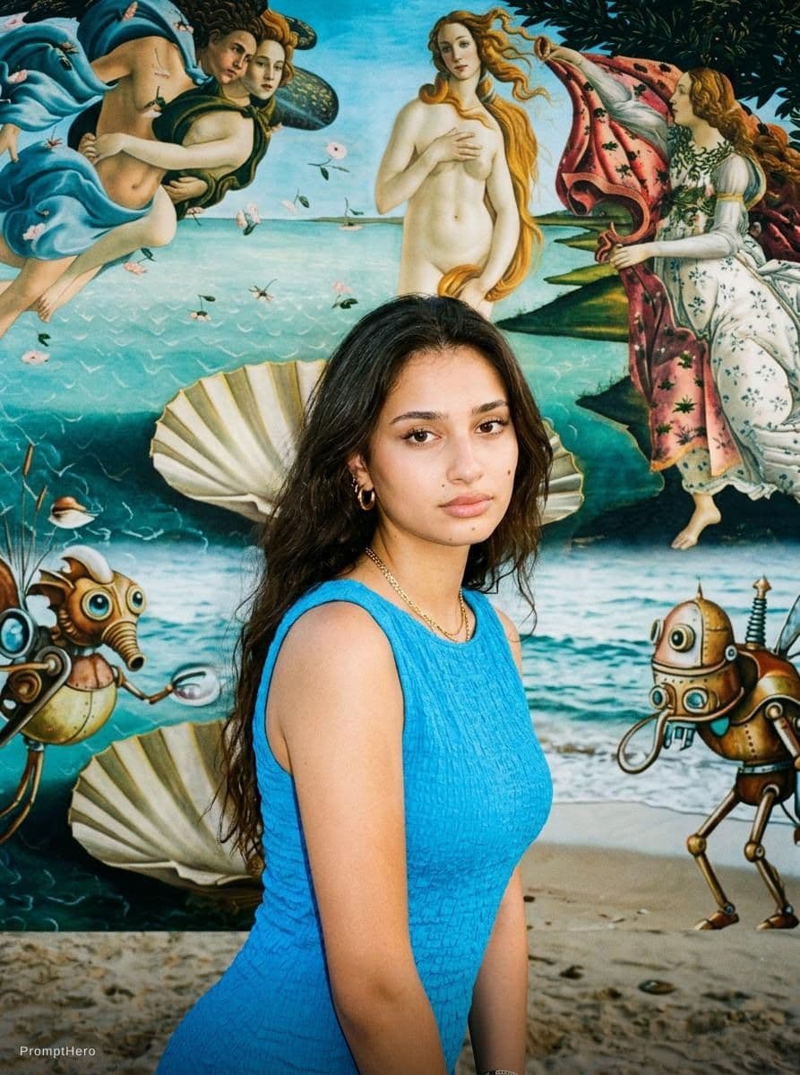 AI generated: a woman in a blue dress on the beach, in style of ren hang, fashion model features, in a style combi...