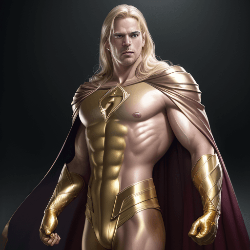 AI generated: male super hero named champion blond hair, no symbol, skin tight gold suit, gold cape, gold gloves, ...