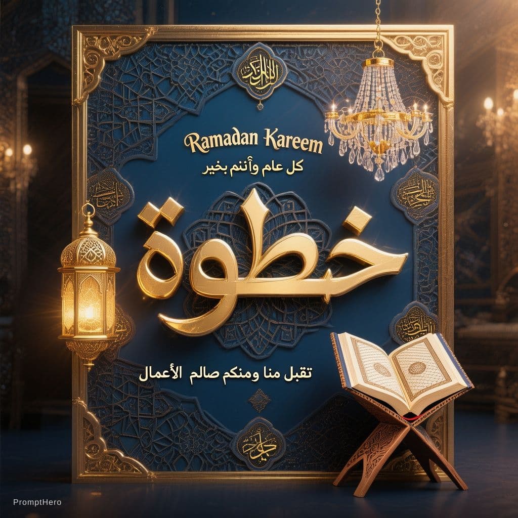 AI generated: A luxurious and professionally designed Islamic Ramadan greeting card. In the center, the name "خطوة...