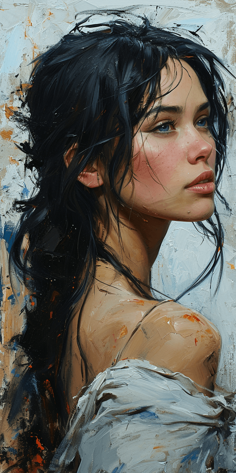 AI generated: an oil painting of a woman with long black hair, in the style of mike deodato, contemporary middle e...