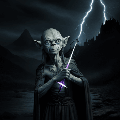AI generated: glamour shot of Gollum, Lord of rings, castle Wood darkness fall, sword lightning,