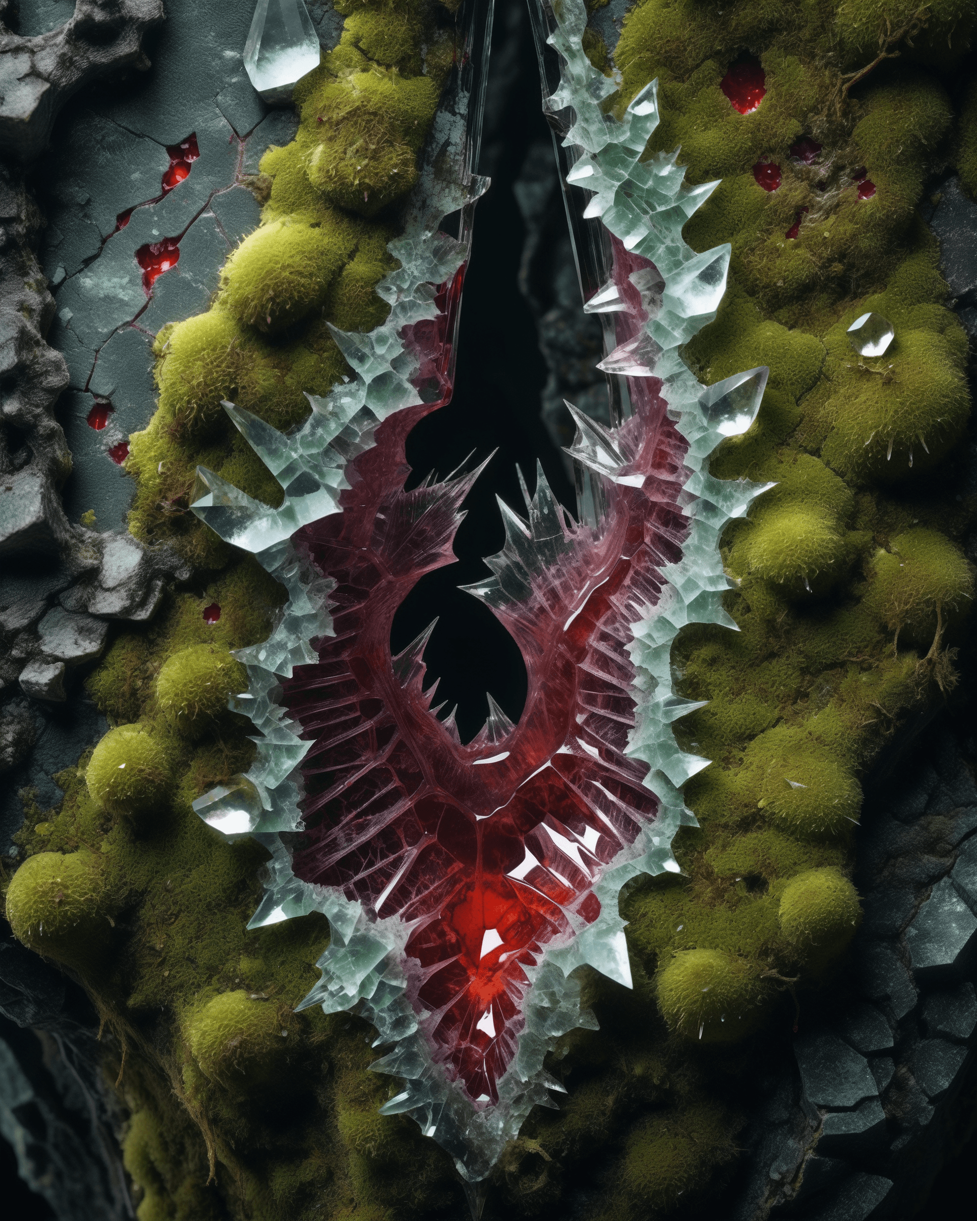 AI generated: close-up photo of a beautiful highly detailed crystal, cracked surface, frosted colors, blood drippi...