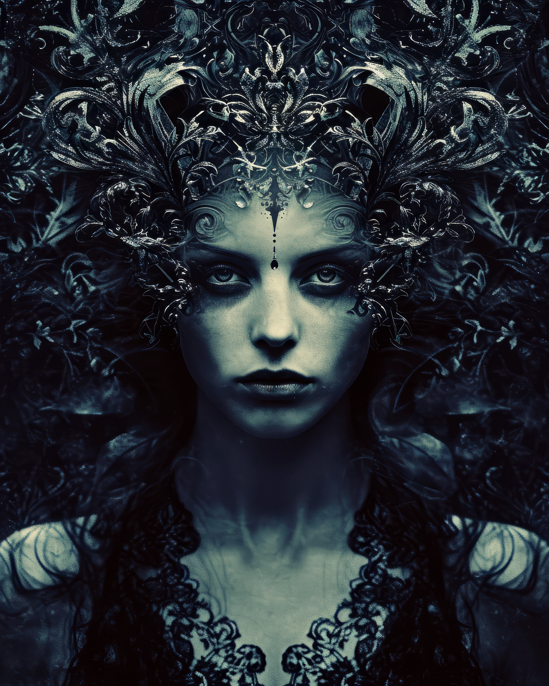 AI generated: a serious woman with a look of malice, tendrils, dark atmosphere, greyscale, cinematic, psychedelic,...