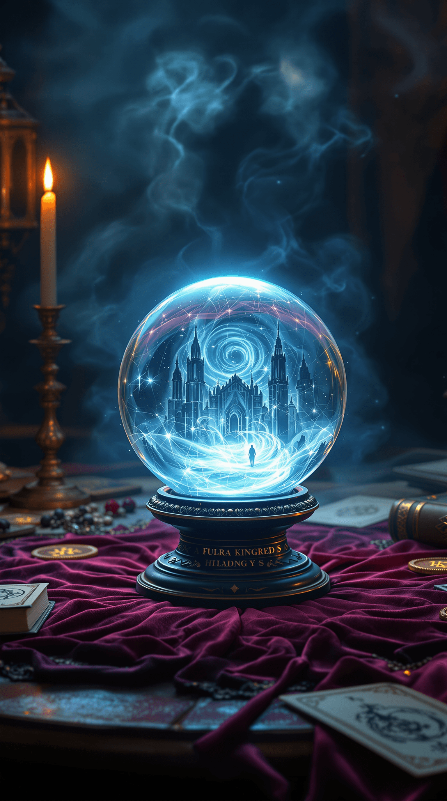 AI generated: A **mystical crystal ball** rests atop a **luxurious velvet pedestal**, its smooth, polished surface...