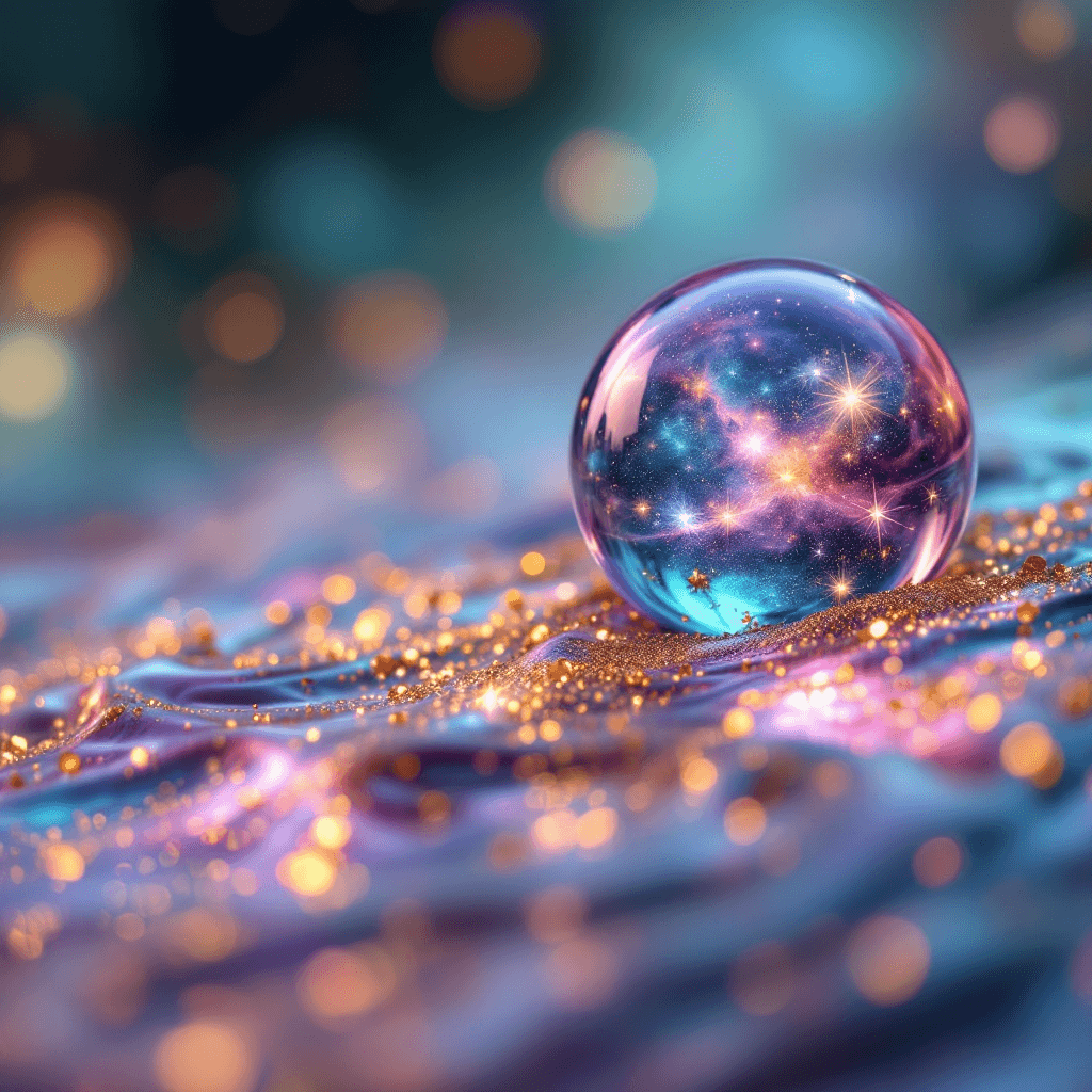 AI generated: A mesmerizing macro view of cosmic orbs resting on a fluid, stardust-covered surface. The orbs refle...