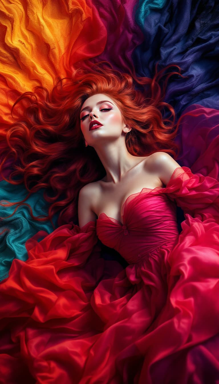 AI generated: "Crimson Muse in a Chromatic Dreamscape": A captivating siren reclines against an intensely colorful...