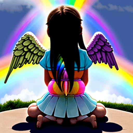 AI generated: Back view of a rainbow angel lolicon child with a very full belly sitting down in public and cuddlin...