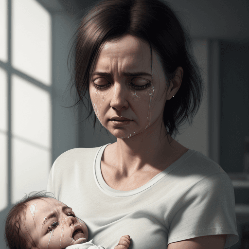 AI generated: mom, tired woman, disheveled, white t-shirt, holding a crying baby. octane render, trending on artst...