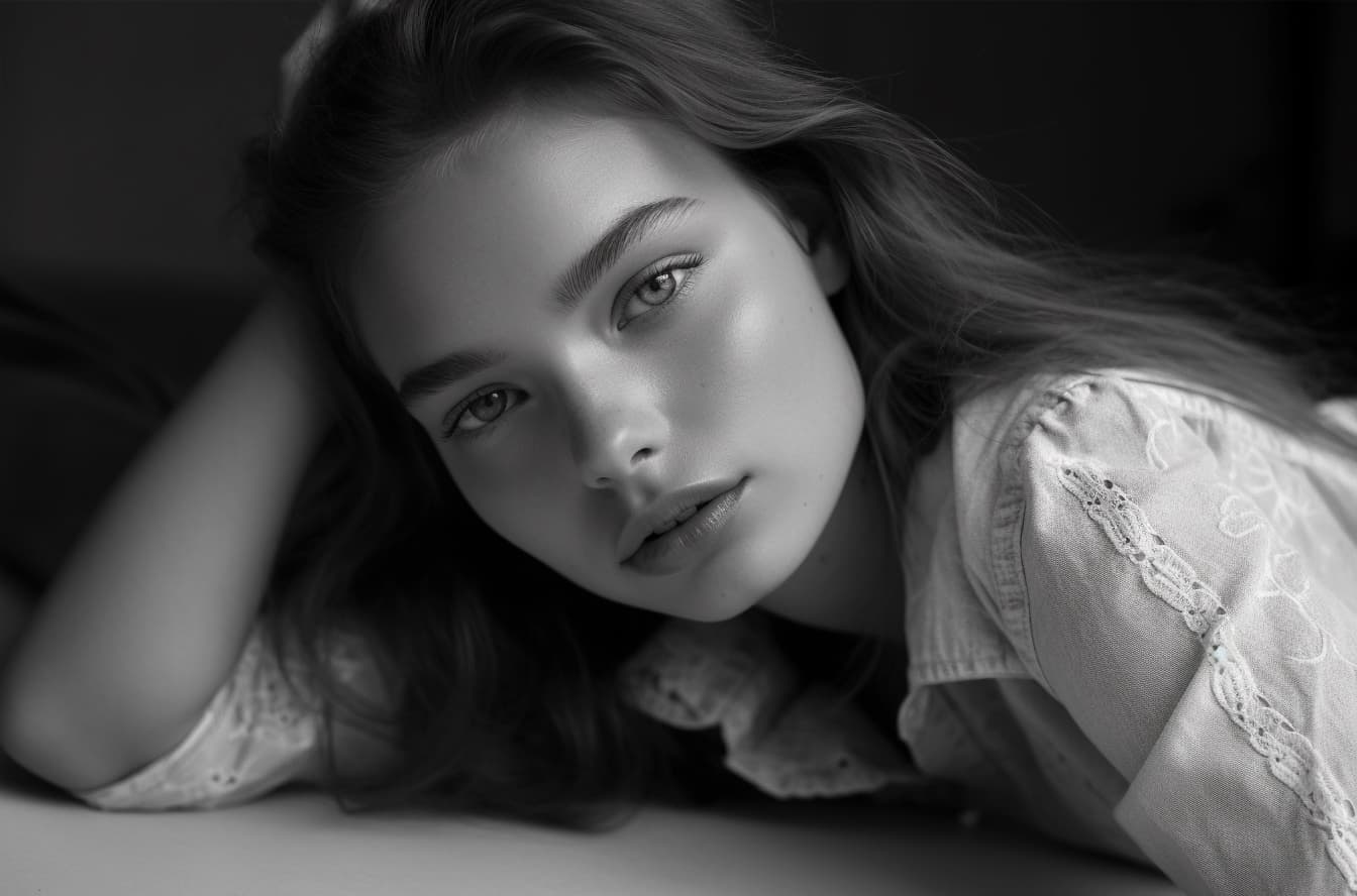 AI generated: a woman in jeans and a push up bra laying on the floor, by Matija Jama, white lace clothing, zoomed ...