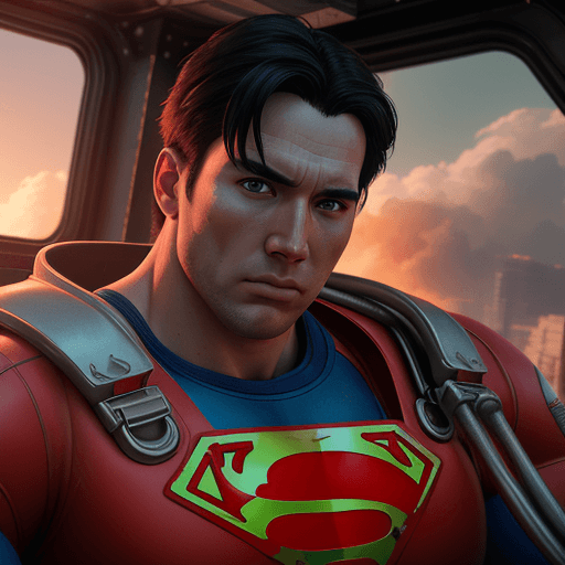 AI generated: Photo of a ultra realistic superman in fire truck, dramatic light, pale sunrise, cinematic lighting,...