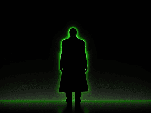 AI generated: A shadow of a programmer standing in front of AI technologies looking at the matrix code data hologr...
