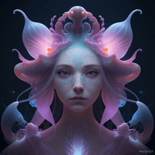 AI generated: Goddess close-up portrait ribcagel. jellyfish phoenix head, nautilus, orchid, skull, betta fish, bio...
