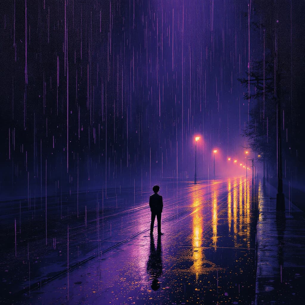AI generated: "Purple Rain" – Prince
Visual Theme: A lone figure standing in a rainstorm, where the raindrops shim...