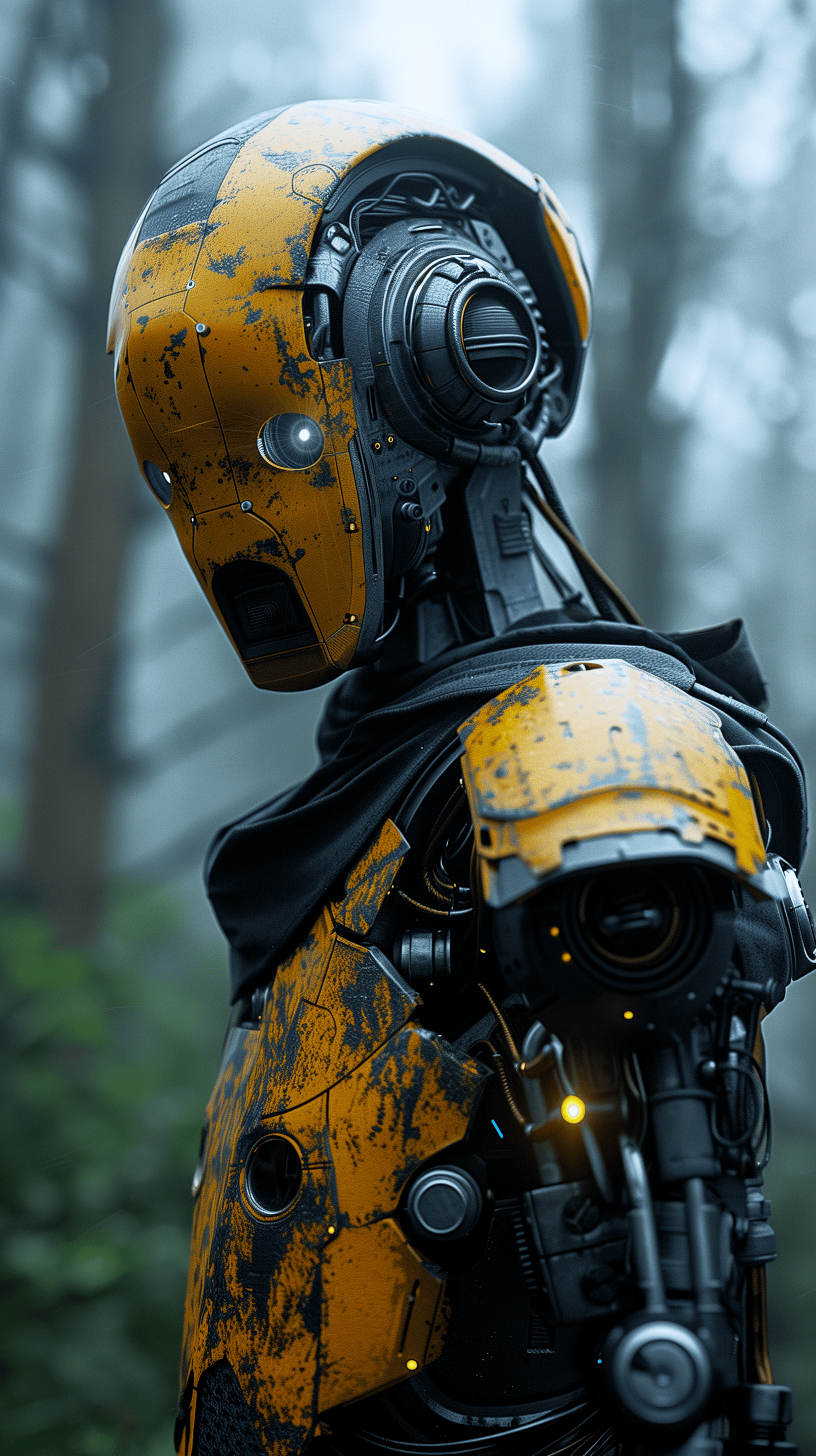 AI generated: rendering, side shot, falf-strange body with complex system equipment with hyper detail robot, gaze,...