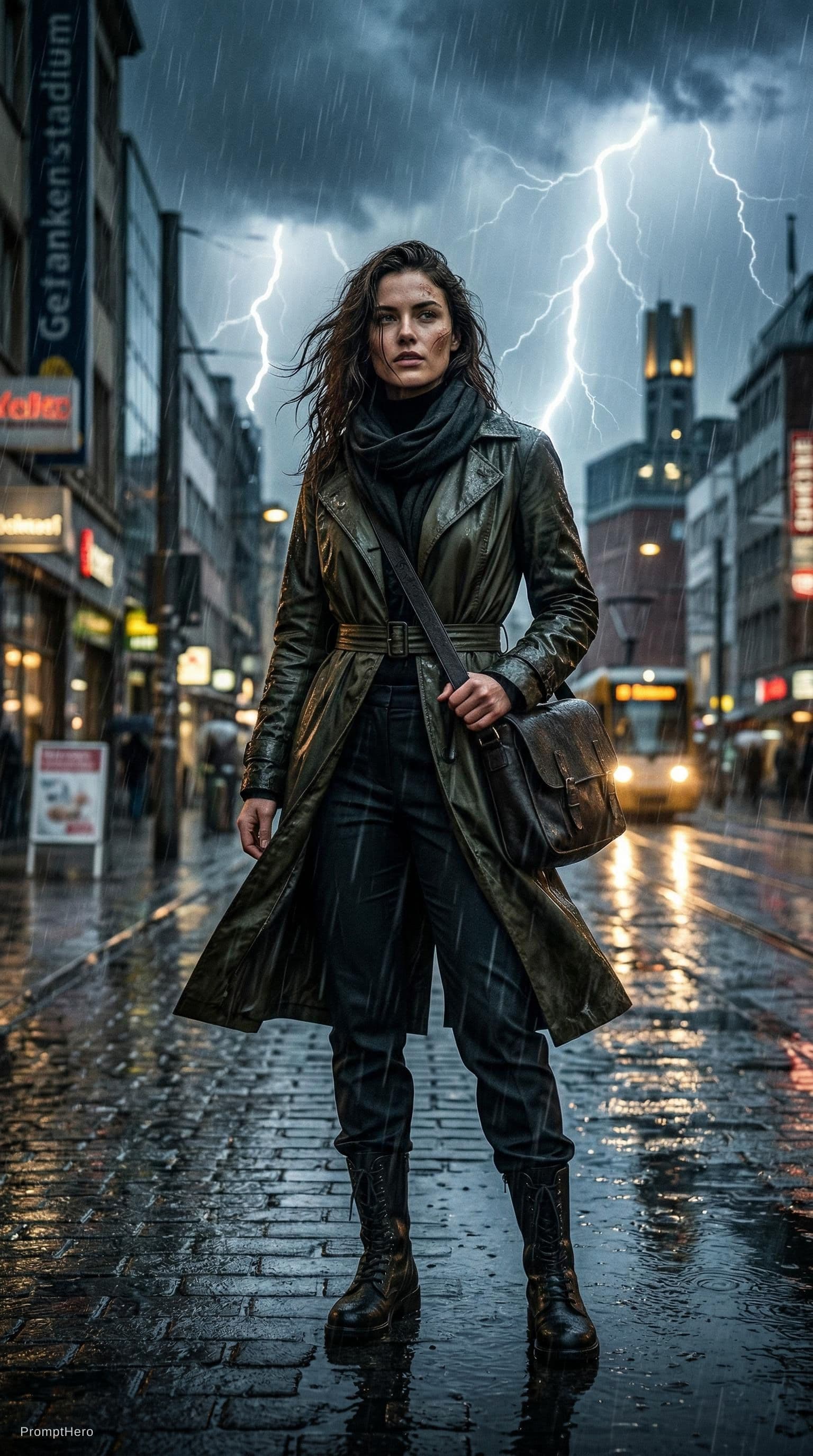 AI generated: stunningly provocative convoluted glamour  babe from heavy lightning, very windy, and heavy rain Dor...