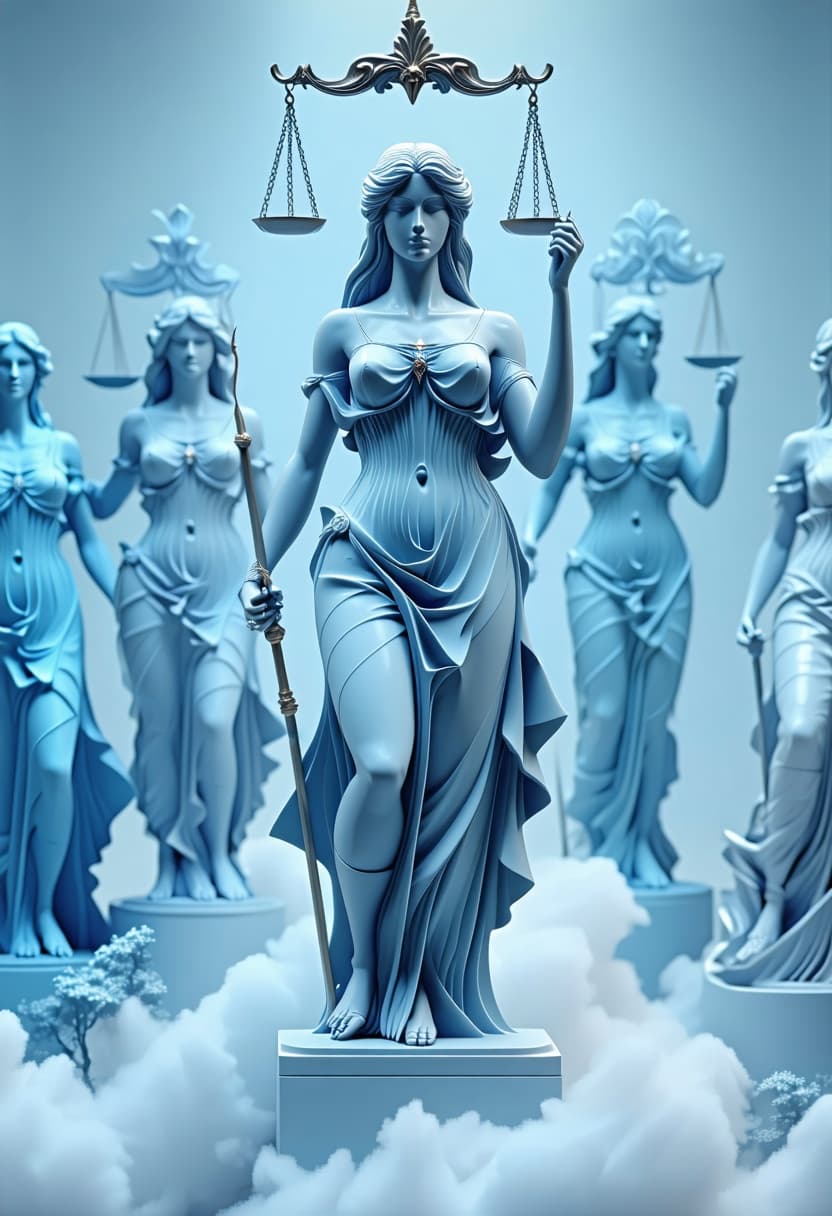 AI generated: Create a visual, show the Justice for All emblem. Lady Justice for six different species of Phyla. S...