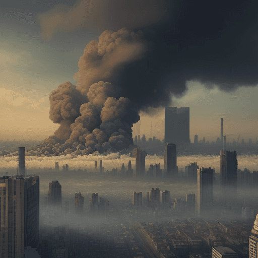AI generated: city of pollution, with acid rain in the city, realistic, no huge smoke cloud