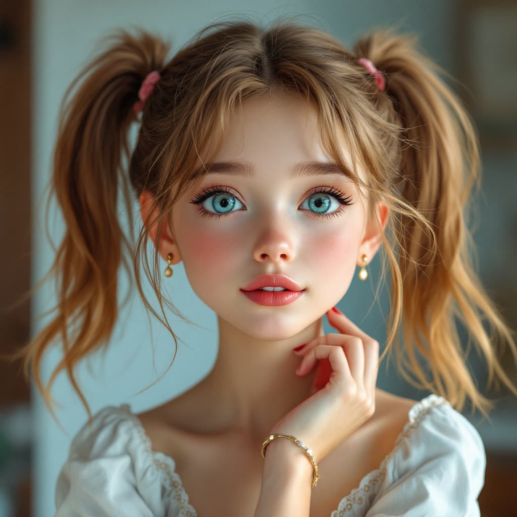 AI generated: photorealistic anime style image, 
Kandy is a young American nymphet, 18 y.o,  glossy peach skin, he...