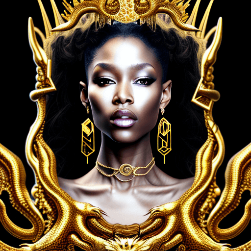 AI generated: A very beautiful queen sitting on a black throne made of gold, with a serpent-dragon like elements a...