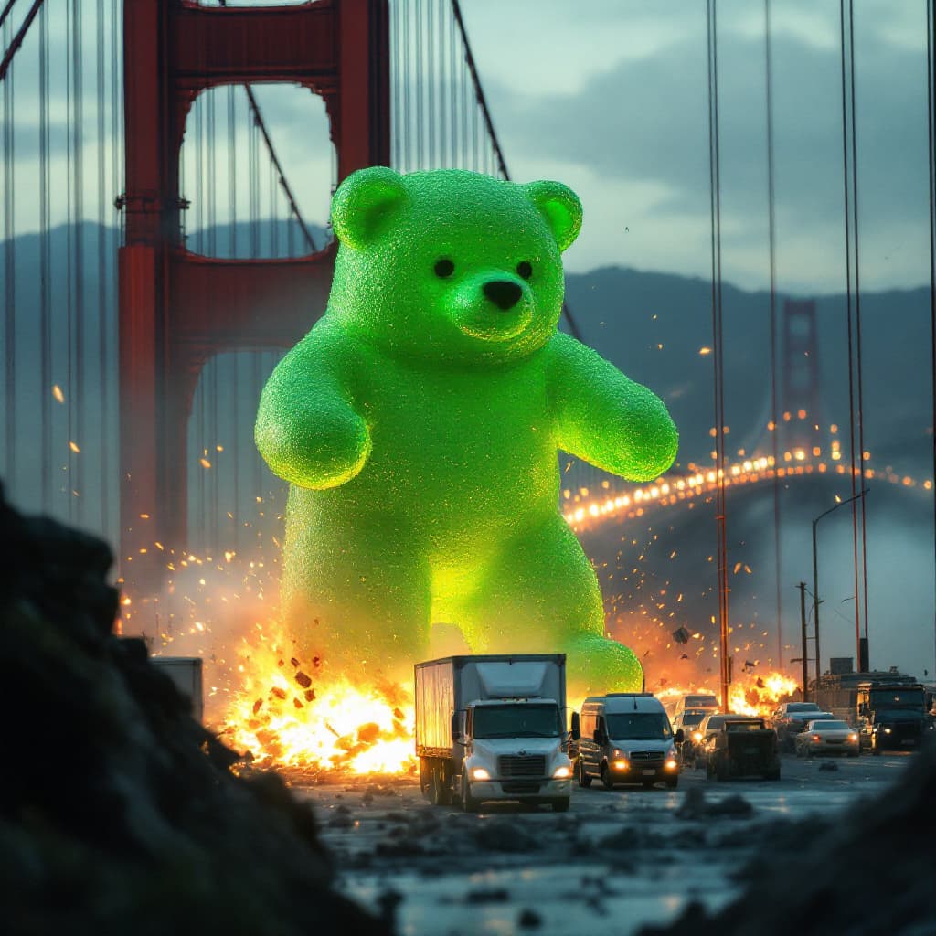 AI generated: Green Enormous sized Gummy Bear disrupts the traffic at the Golden Gate Bridge, destruction and pani...