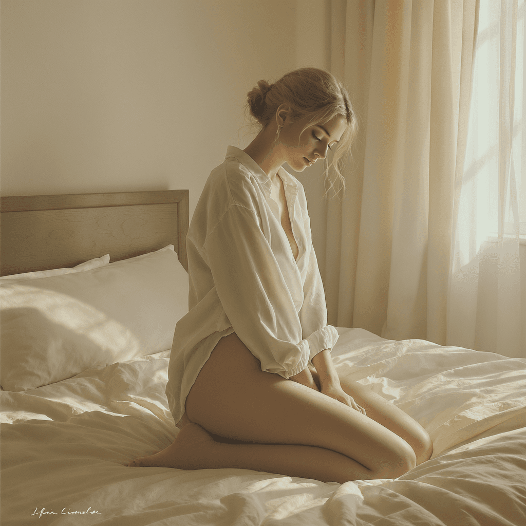 AI generated: A cinematic digital portrait of a woman kneeling gracefully on a bed, wearing only an oversized whit...