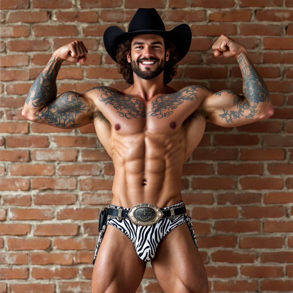 AI generated: Full body image, young Cowboy, muscular, heavily tattooed, chiseled face, chiseled jawline, brown cu...
