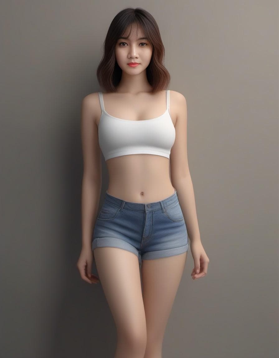 AI generated: create photo RAW hyperrealistic, 21oyo, wearing tang top and short denim, sneakers, fullbody, calm a...