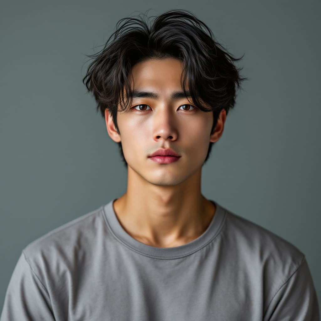 AI generated: In this vivid portrait, a young man of Korean-Caucasian descent stands confidently, his presence nea...