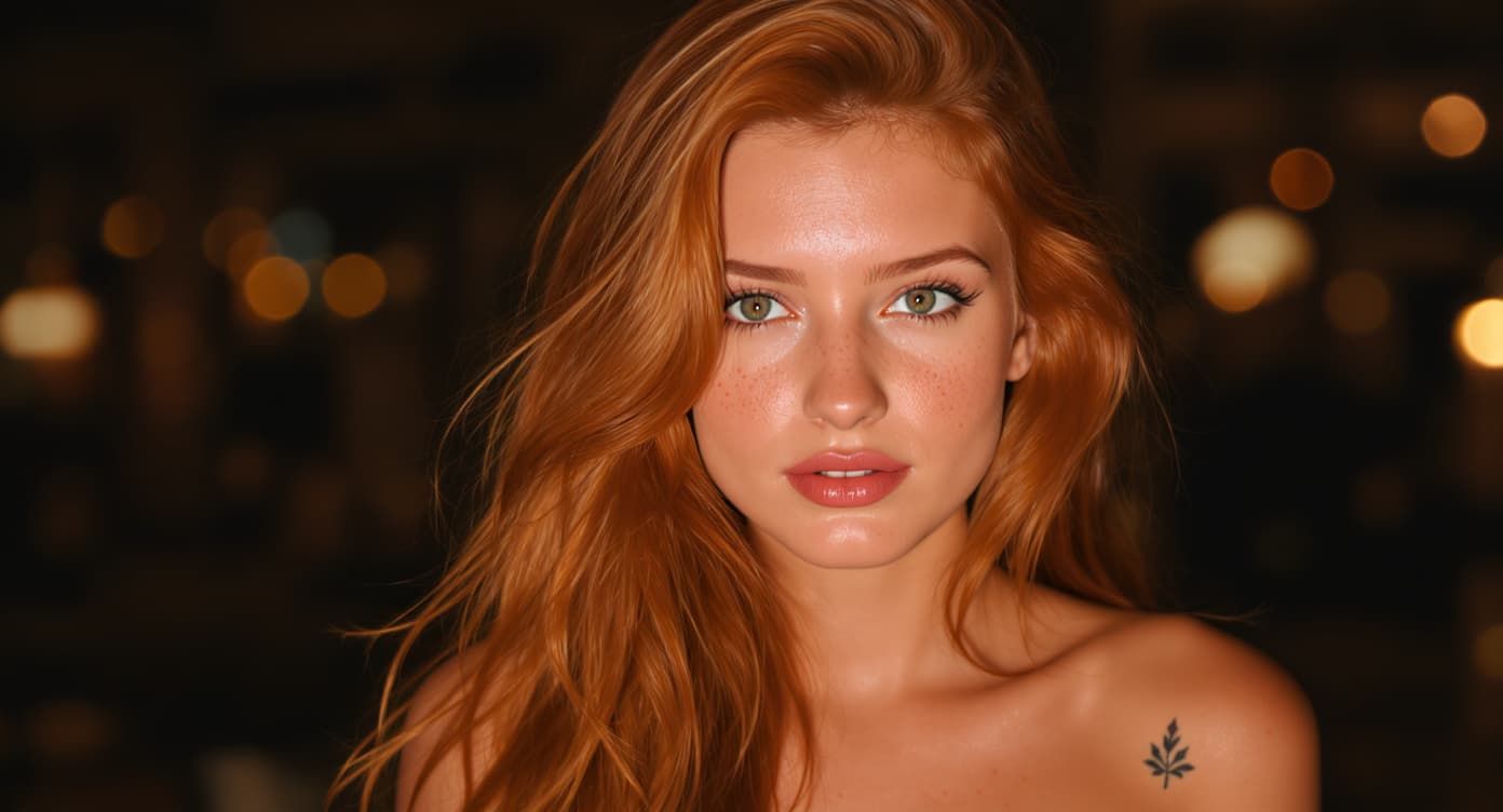 AI generated: A young, nude fair-skinned woman with vibrant, long, flowing auburn hair and delicate freckles acros...
