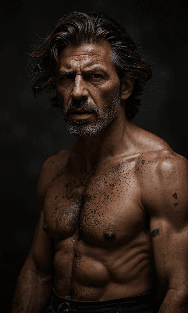 AI generated: The gladiator stands after the battle, fear and horror on his face, tired and beaten, sand on his fa...