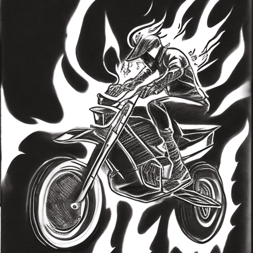 AI generated: 80s rider jumping through flames acrobatics on a 3 wheeler honda tri bike High resolution sketch jum...