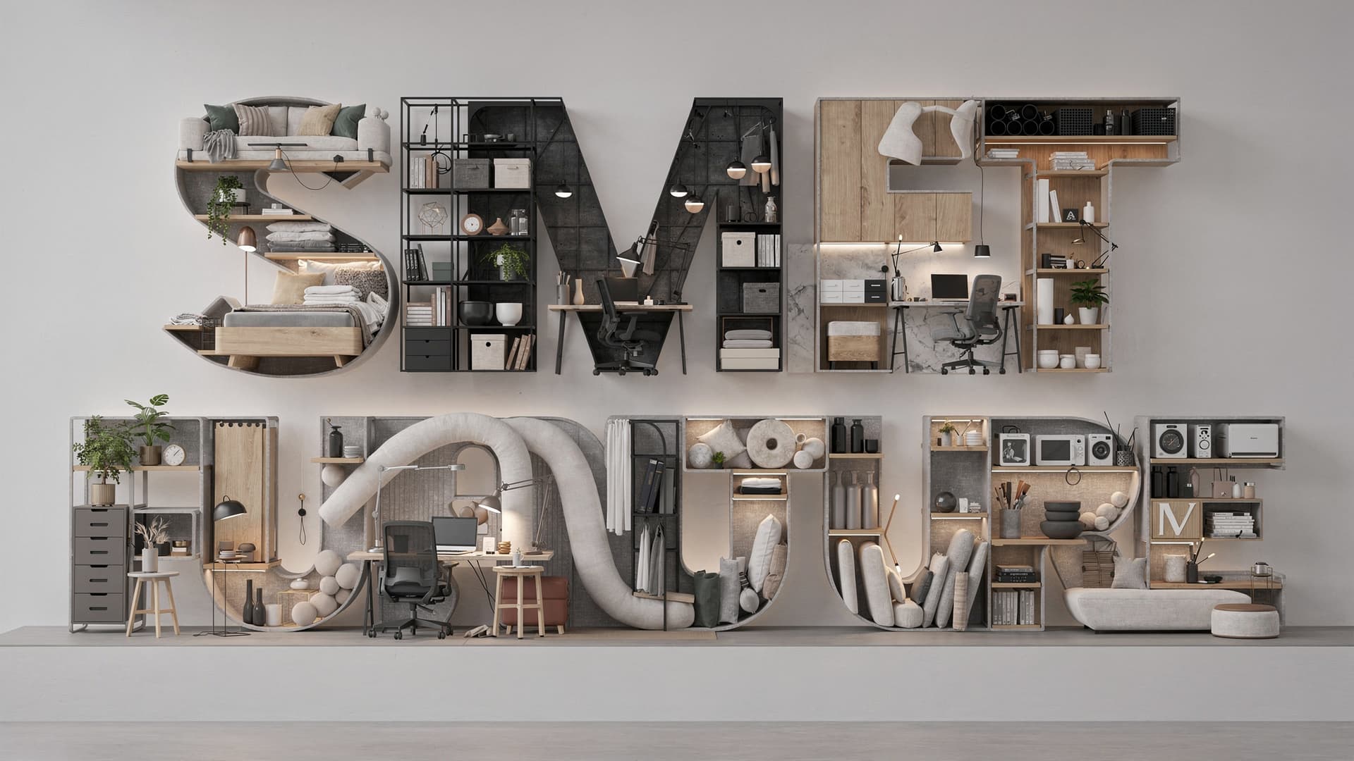 AI generated: A maximalist 3D typographic artwork where the entire word “SMART FURNITURE” is constructed from a la...