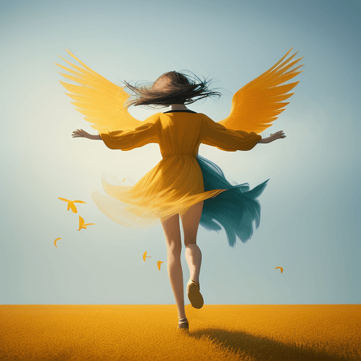 AI generated: a girl birds flaying,
walking through a field, in the style of ethereal trees, dark yellow and azure...