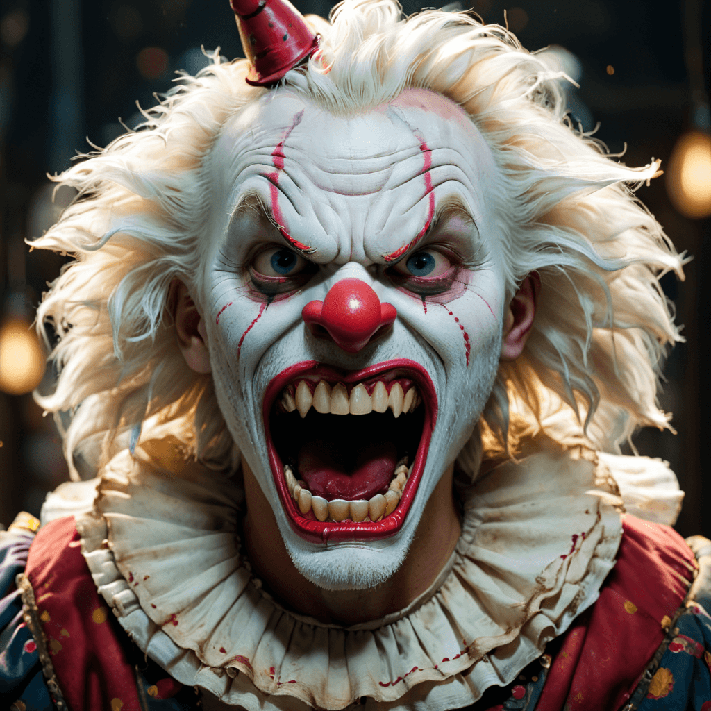AI generated: (photo RAW), creepy angry evil man clown with long, sharp bloody teeth, fantasy, horror, white hair,...