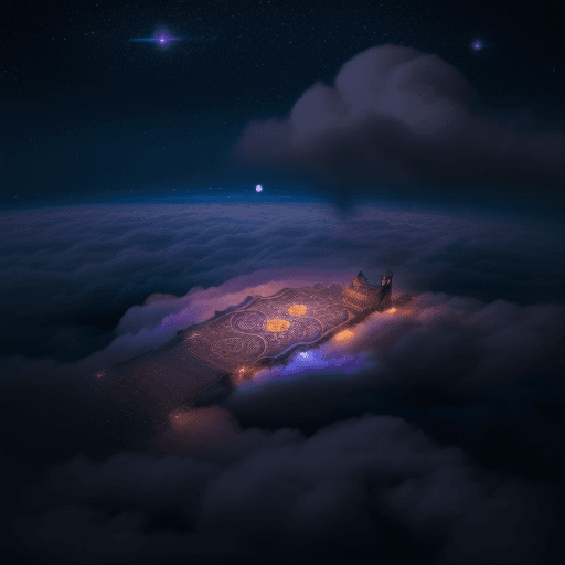 AI generated: aladdin carpet flying through the clouds 
in the night sky
