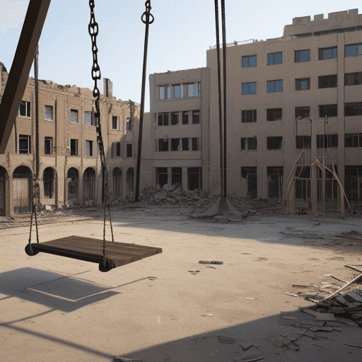 AI generated: art, Destroyed buildings, swing, playground