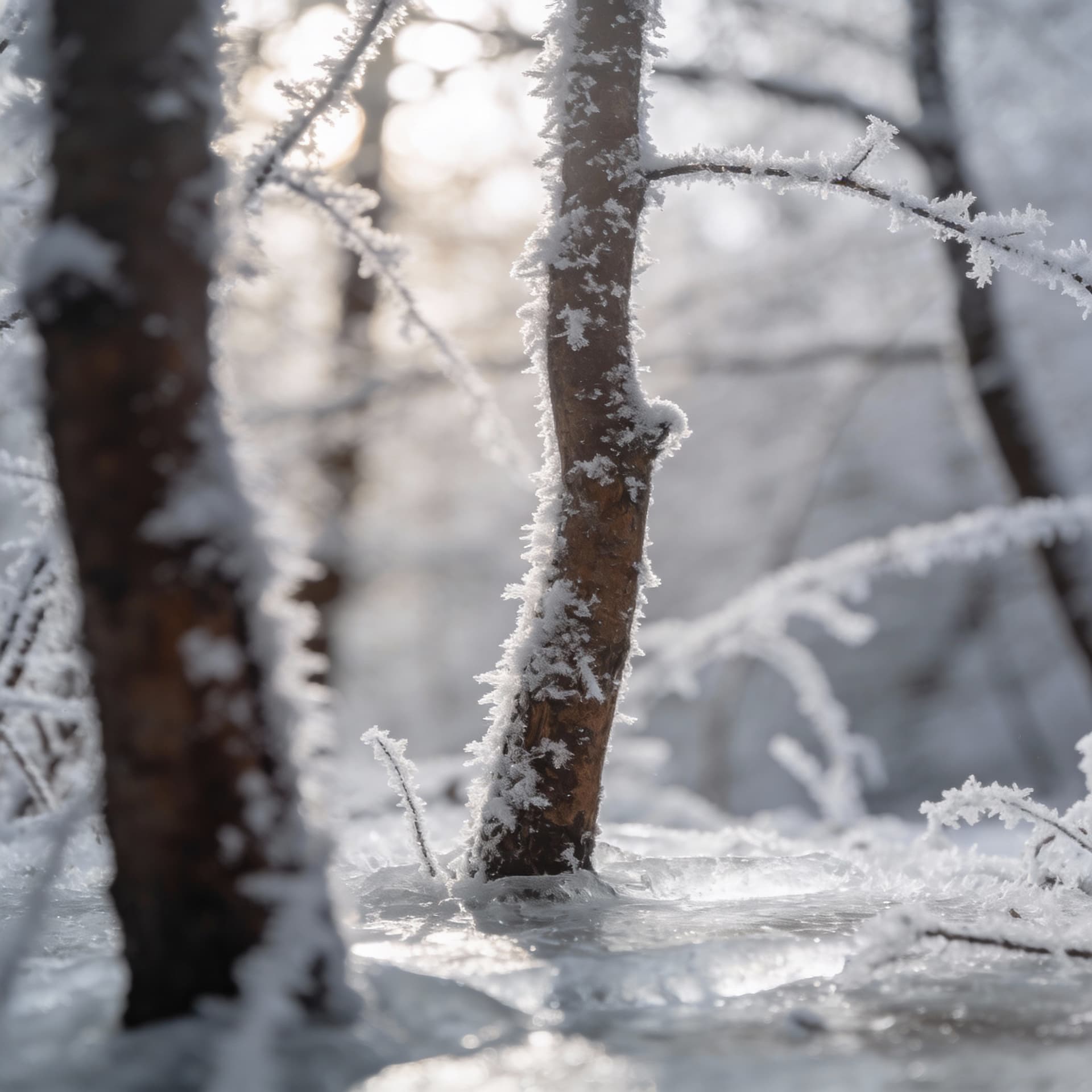 AI generated: Frosted woodland backdrop with shallow depth, blurred branches, neutral winter color palette, realis...
