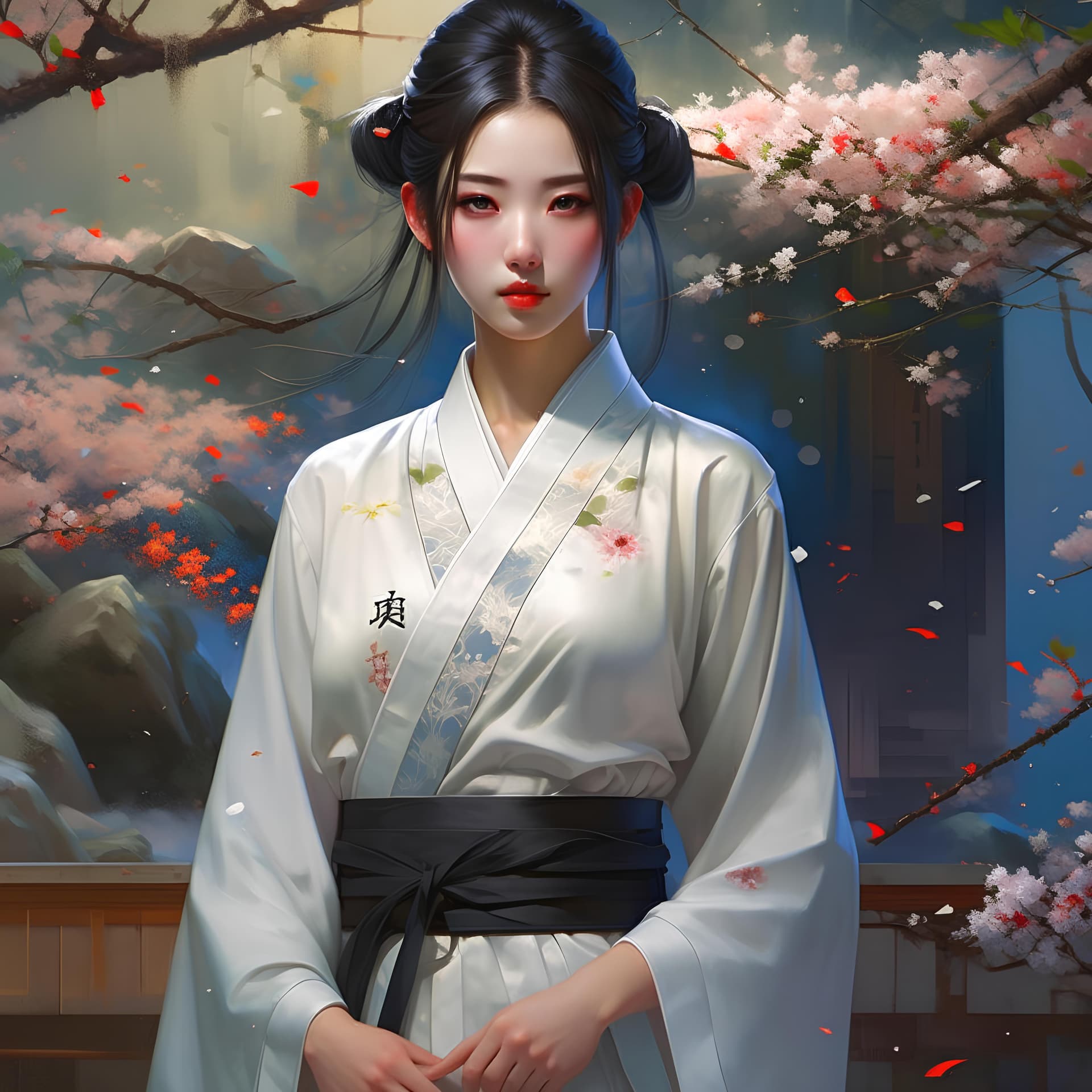 AI generated: anime girl in full white outfit holding Japanese tshirt and wearing black skirt, in the style of tra...