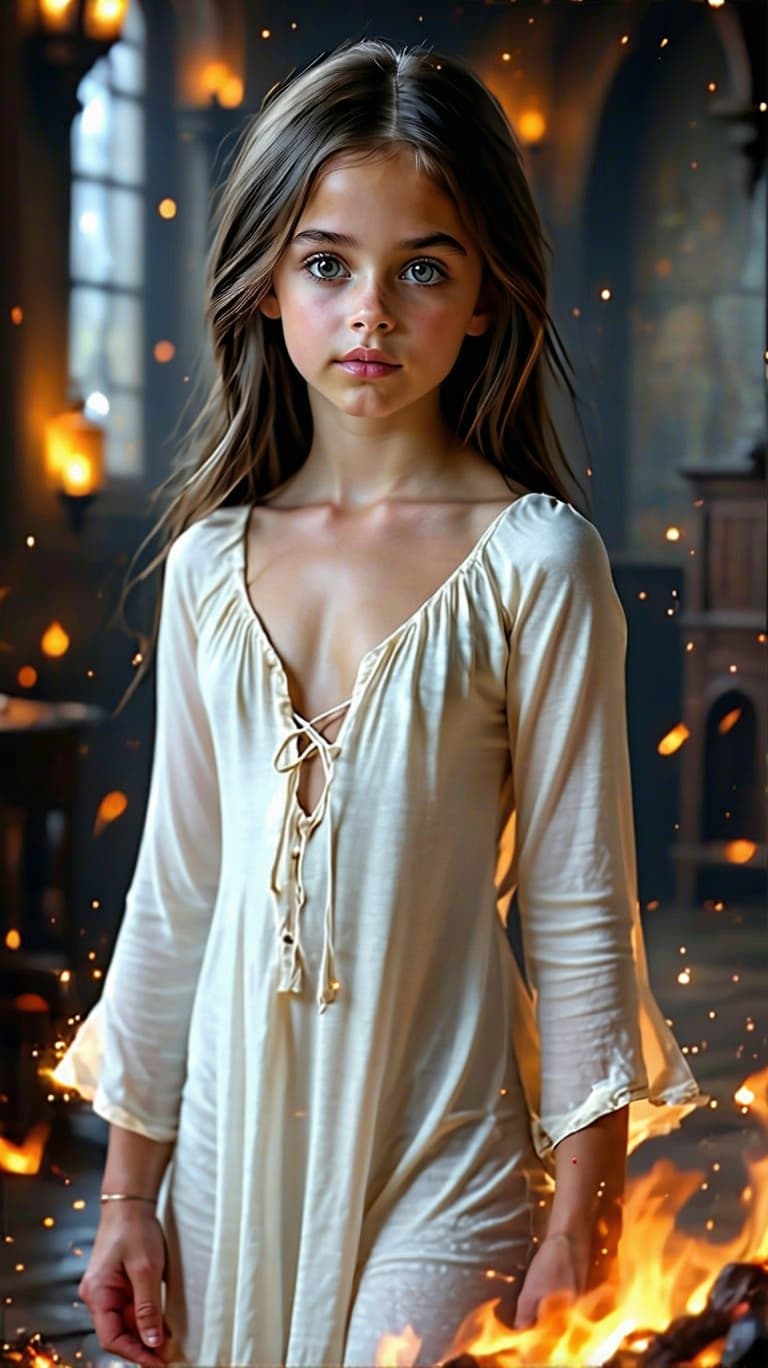 AI generated: beautiful tween vampire girl, wearing a low cut v top white night gown (full body) 32c breast, (high...