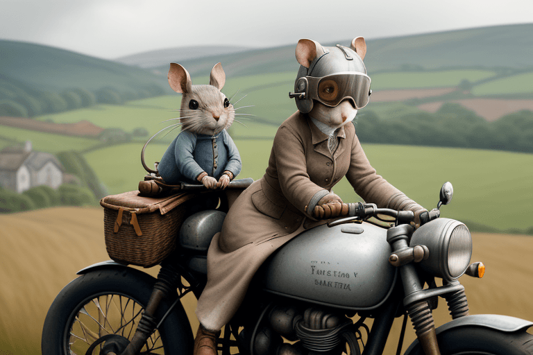 AI generated: cinematic film still award winning photo, style beatrix potter, cute grey mice wearing open face cra...