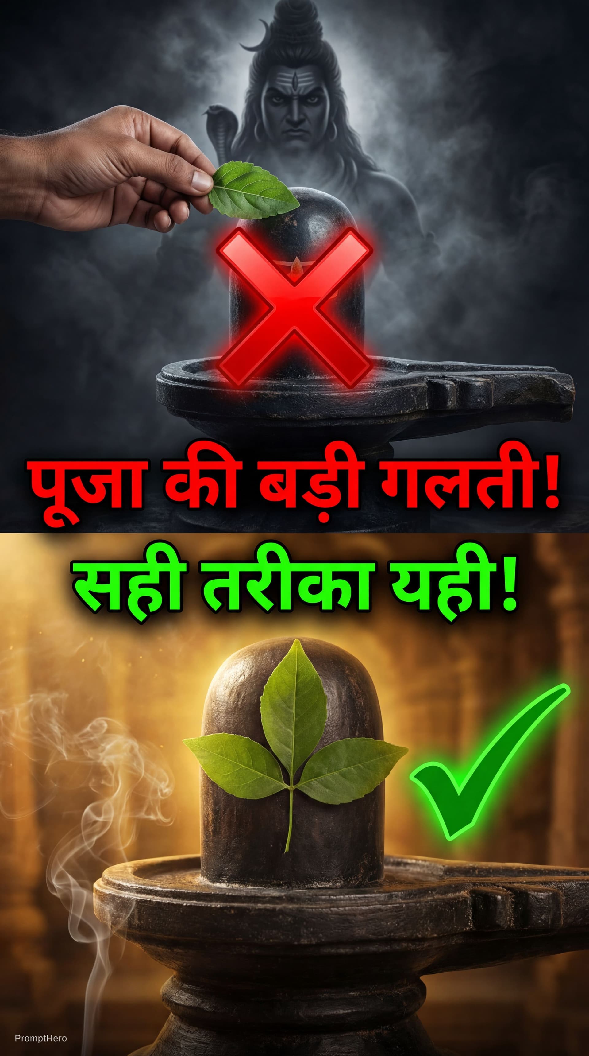 AI generated: Realistic शिवलिंग close-up TOP-BOTTOM split। 

**TOP HALF**: तुलसी पत्र चढ़ाते हुए hand + big flashi...
