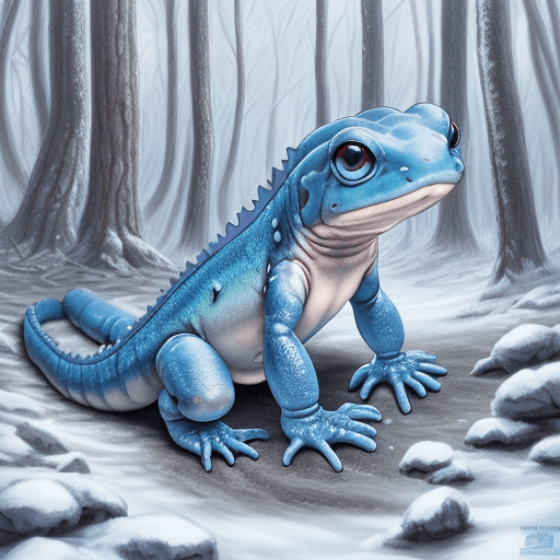 AI generated: blue salamander in sneakers in winter forest, high quality image, 4k, detailed character drawing