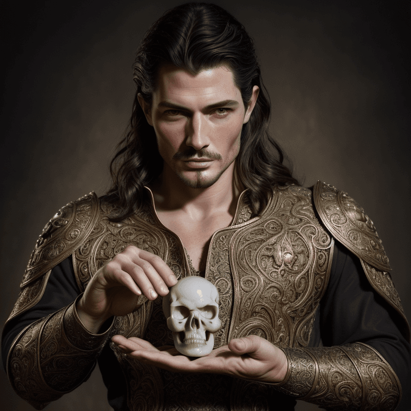 AI generated: Gorgeous mature prince holding an anatomically correct human skull  in the palm of his hand and aski...