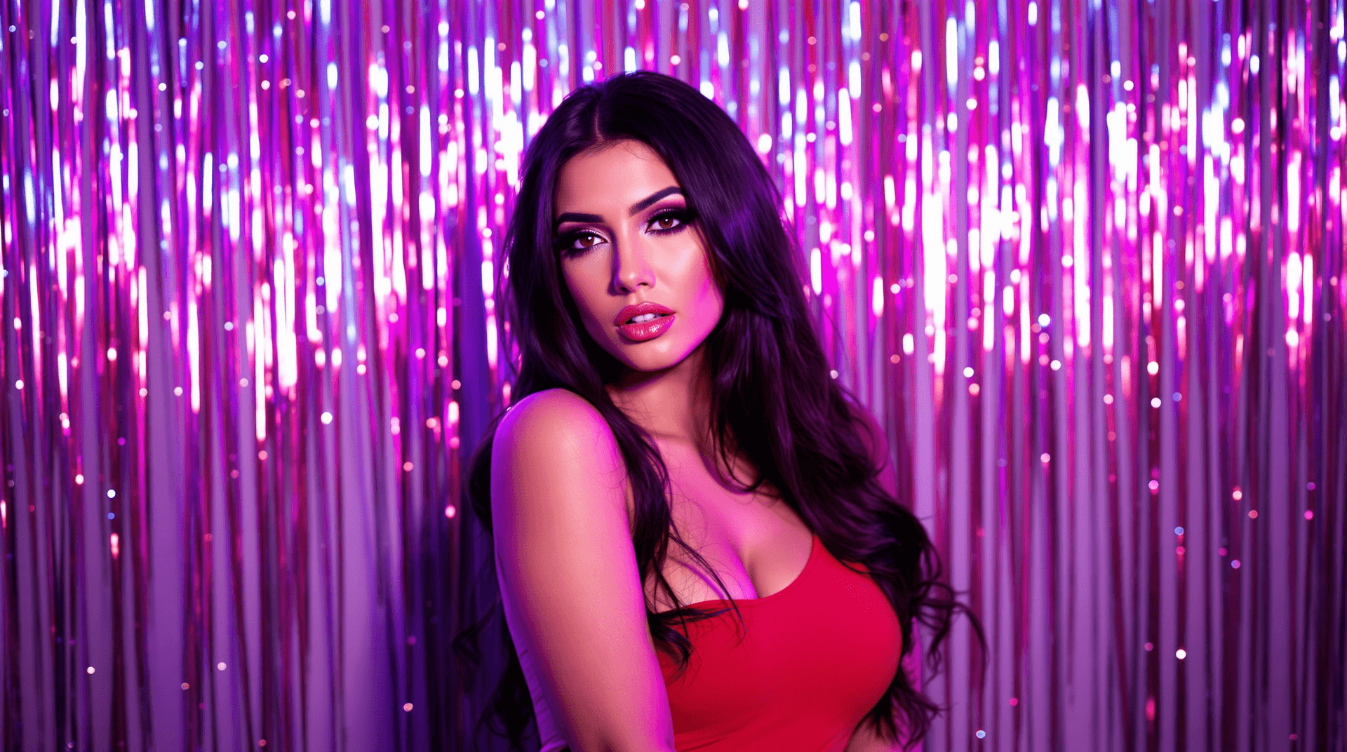 AI generated: A Stunning woman with long, dark hair is positioned against a backdrop of shimmering, multicolored t...