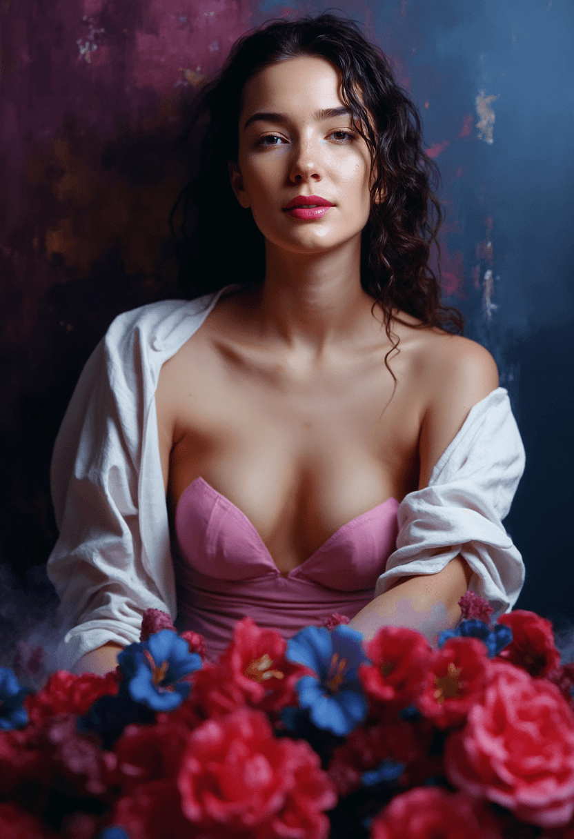 AI generated: Create a photorealistic image of a woman with wet hair, wearing a white shirt partially unbuttoned o...