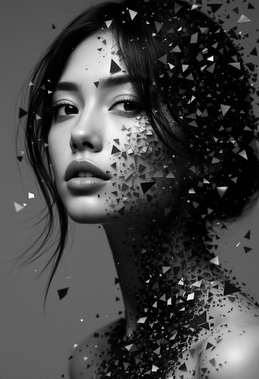 AI generated: hyper-realistic black and white portrait of a woman, black hair, styled in a conservative look, inno...
