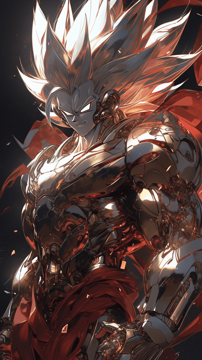 AI generated: close up, mandrake adrian dragon of war, goku is wearing a fighter mech, transformed into a super Sa...